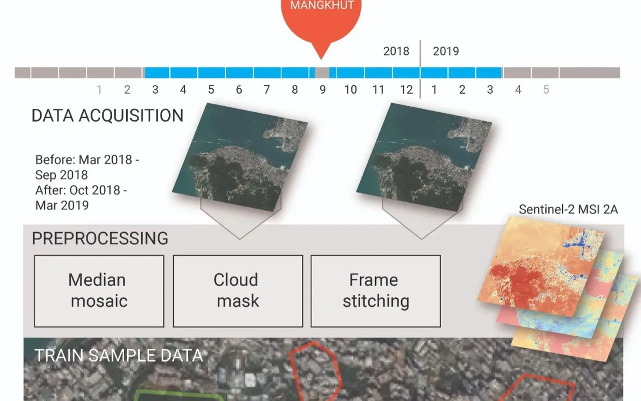 Top of a workflow infographic for mapping vegetation lost to Typhoon Mangkhut in Hong Kong using Sentinel-2 imagery