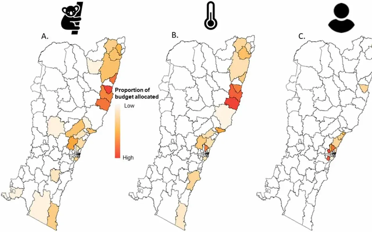 Maps of New South Wales local government areas showing conservation tender budget allocation under different planning approaches