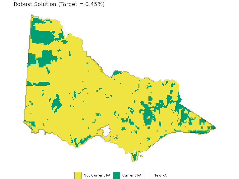 Map of Victoria, Australia, showing the robust conservation planning solution with a 0.45% target.