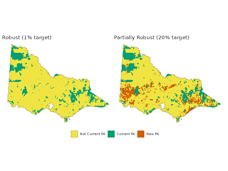 Side-by-side maps of Victoria, Australia, comparing the robust and partially robust conservation planning solutions.