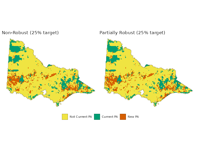 Side-by-side maps of Victoria, Australia, comparing the non-robust and partially robust conservation planning solutions.