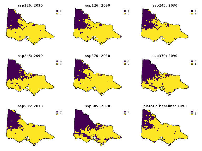 Maps of Victoria, Australia, showing projected habitat for the brush-tailed rock-wallaby in 1990, 2030, and 2090.